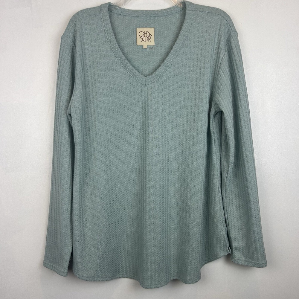 Chaser V Neck Top Womens L Waffle Knit Grunge Pullover Green Blue Read